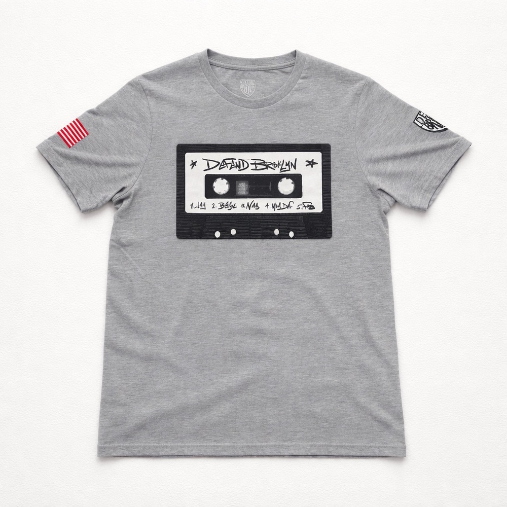 Defend Brooklyn Men’s T-Shirt Gray Cassette Tape Print Short Sleeve Tee